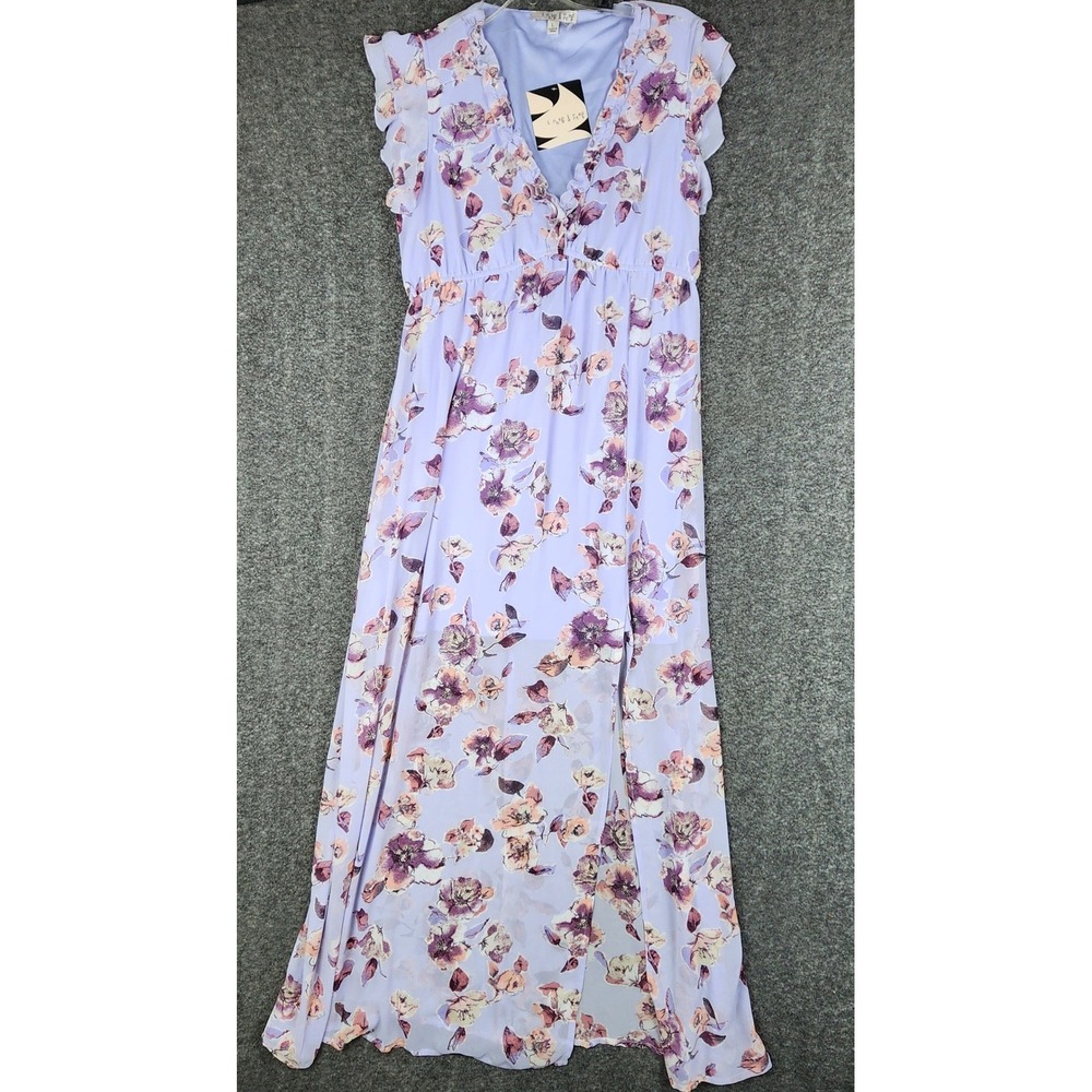 Inspired Hearts Maxi Dress‎ Women Large Lavender Floral Ruffle V-Neck Slit NWT